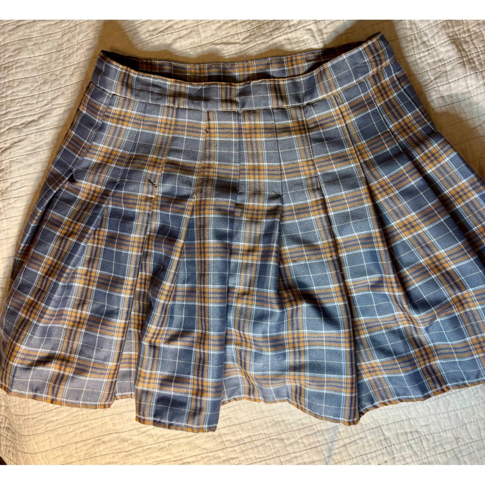 Grey and Orange Plaid Pleated Mini Skirt High Waisted Schoolgirl Style Size M